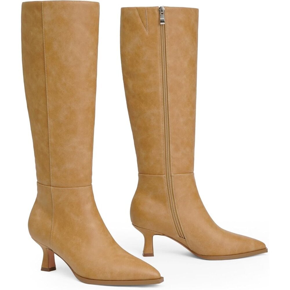 Women's Banana Pu Kitten Low Heel Toe Side Zipper Long Tall Knee High Boots - Picture 5 of 7